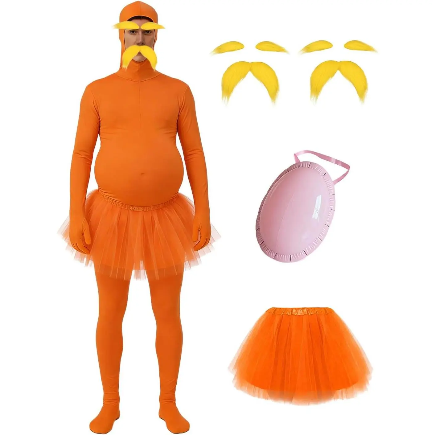 Orange Bodysuit Halloween with Fake Belly - Unisex Padded Jumpsuit for Cosplay Party, Funny Costumes with Accessories for Prank, Pregnancy Role Play, Dress Up for Carnival, Stage Performance Clothes