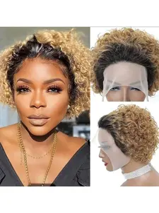 Honey blonde gradient pixie cut glueless bob wig, high-definition transparent lace front, Brazilian Remy human hair, 1B/27 short curly lace front, thick, basic style, unisex, water wave texture, suitable for women.