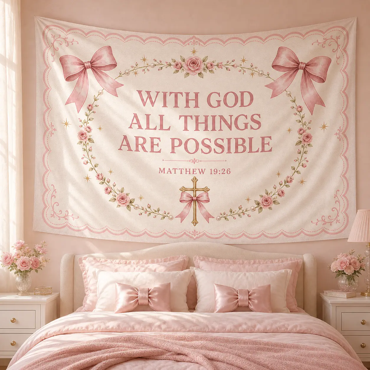With God All Things Are Possible Wall Tapestry, Pink Bow Christian Bible Verse Art, Lightweight Linen Fabric for Girls Bedroom or Dorm Decor