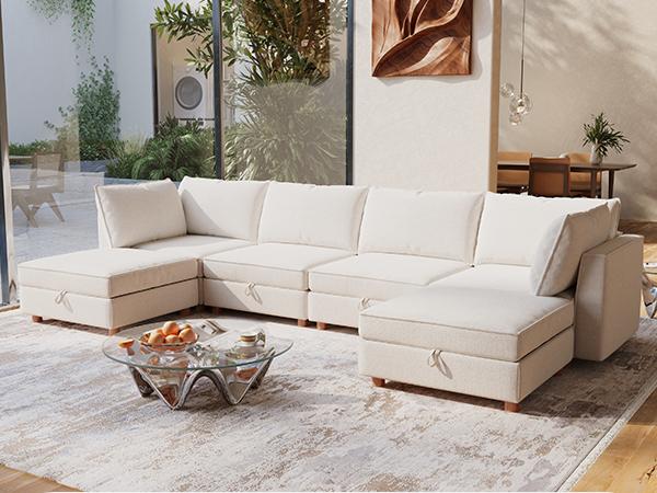 4-8 Seat Modular Sectional Sofa with Storage, Sturdy Solid Wood Structure, Modular Sectional Sofa Cloud Couch Washable, Spacious Couches for Living Room, Apartment, Loft, Beige