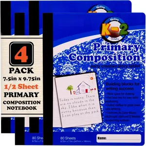 Primary Composition Notebook, 4 Pack, Blue Cover, 80 Sheets, 7.5in x 9.75in, 1/2 Sheet, Ruled with Drawing Area, Flexible Hardcover Journal , Grades K-2, School & Home Use