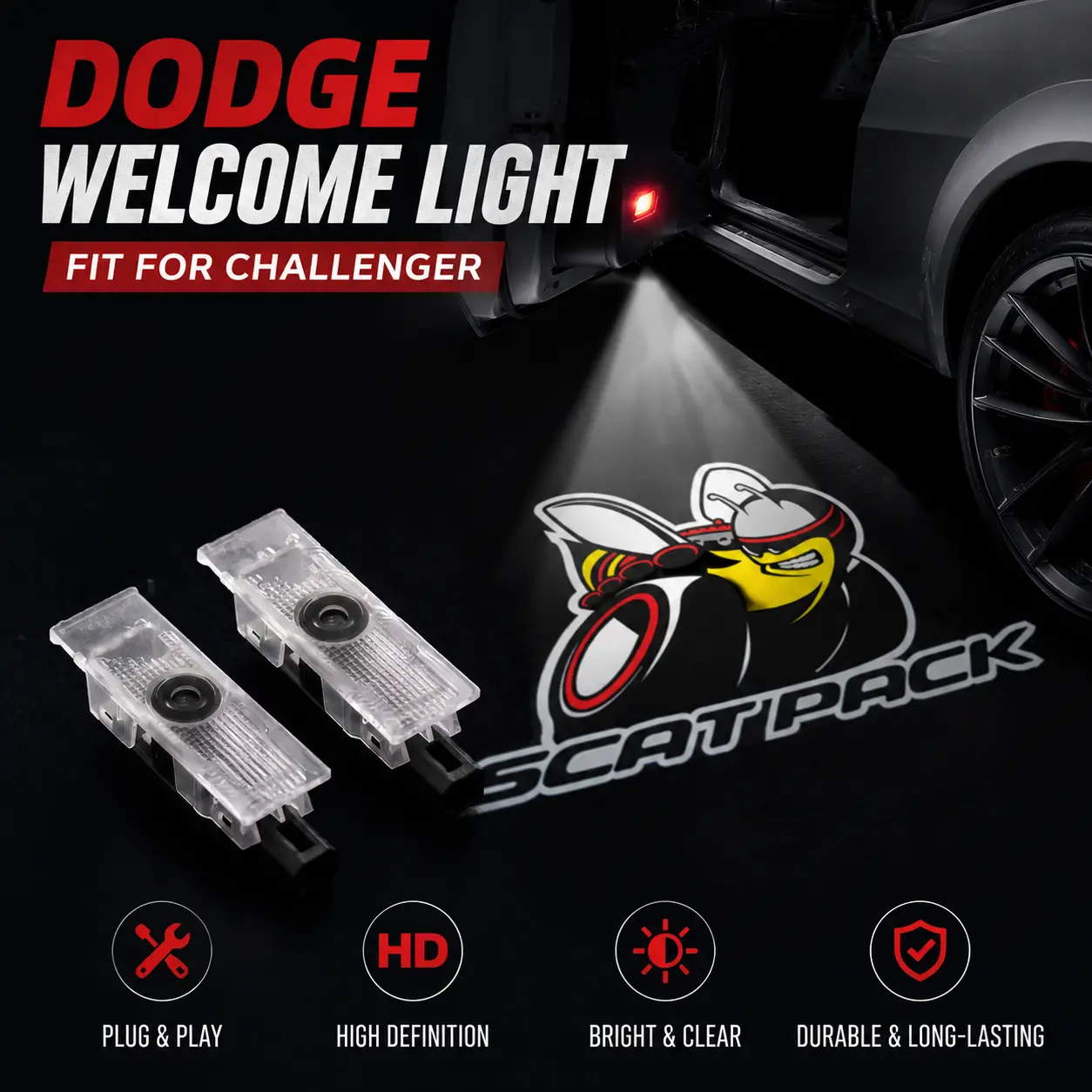 2 Pcs LED Door Puddle Shadow Lights for Dodge Charger & Challenger - HD Logo Projection Welcome Light (SRT Hellcat / Scat Pack / R/T), Car Logo Lights Projector Lamp, Car Accessories Lamp, Car Light Embellishments, Car Puddle Lights