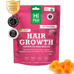 HiPlus Hair Growth Gummies Beauty Vitamin Supplement with Collagen Complex & Biotin for Thicker Hair & Scalp Coverage 90 Gummies per Pack - Zinc Iron Edible