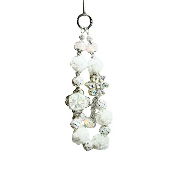 Luxury Handmade Floral Pearl-Rhinestone Cellphone Lanyard - White Fancy Wristlet Mobile Phone Charm Accessory with Pearl Accents, Cute Accessories That Complements Any Outfit