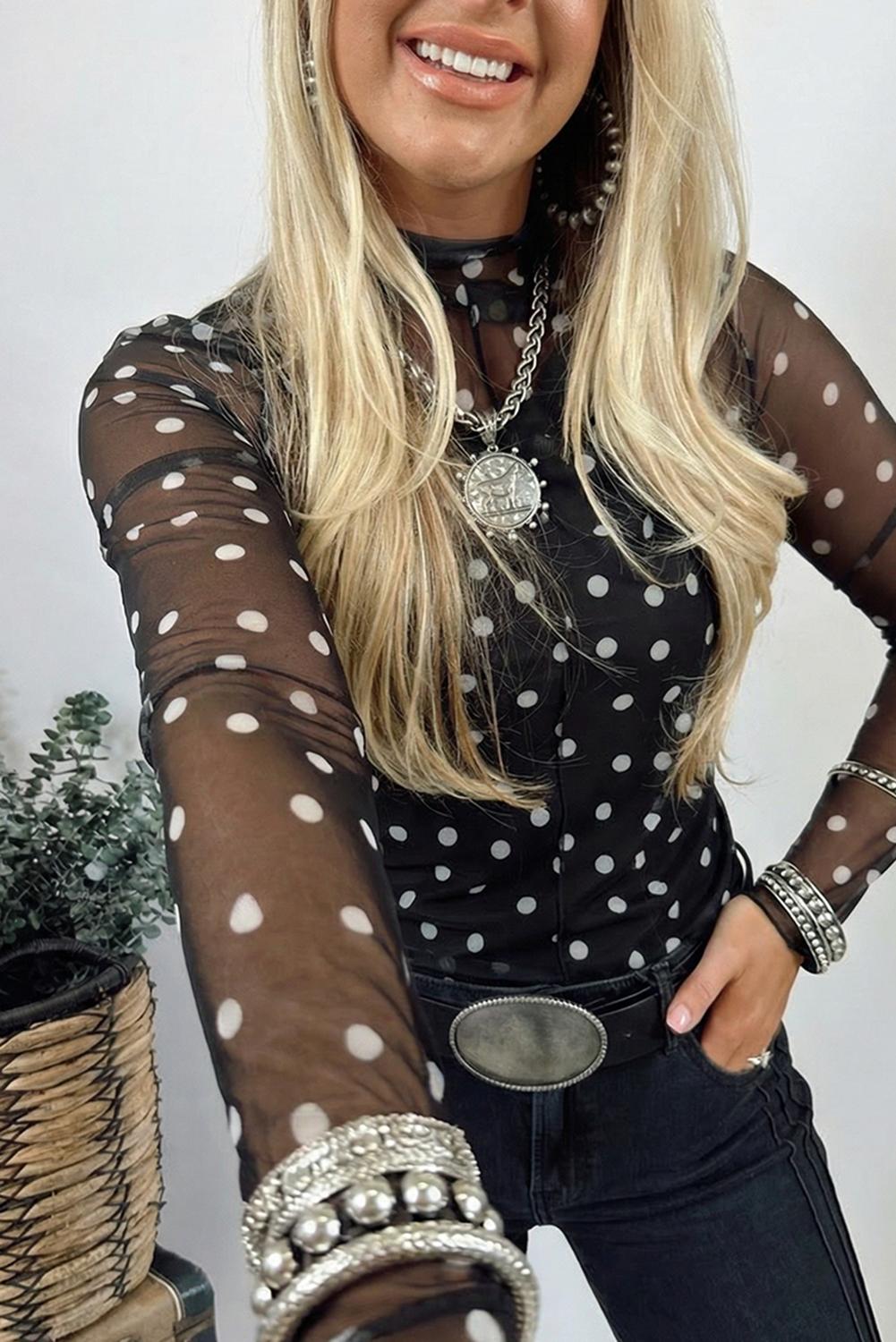 Znacicc Vintage Floral Mesh Blouse White Boho Mock Neck Long Sleeve Top for Women Elegant Design Perfect with Denim and Layered Necklaces