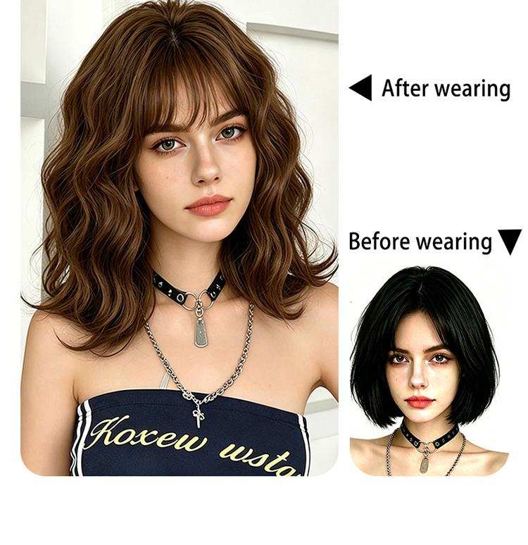 Lotfon Women's short curly Ash Brown non-adhesive synthetic wig, adjustable head circumference, comfortable fit, easy to wear, ready to wear and go, easily achieve a fashionable look