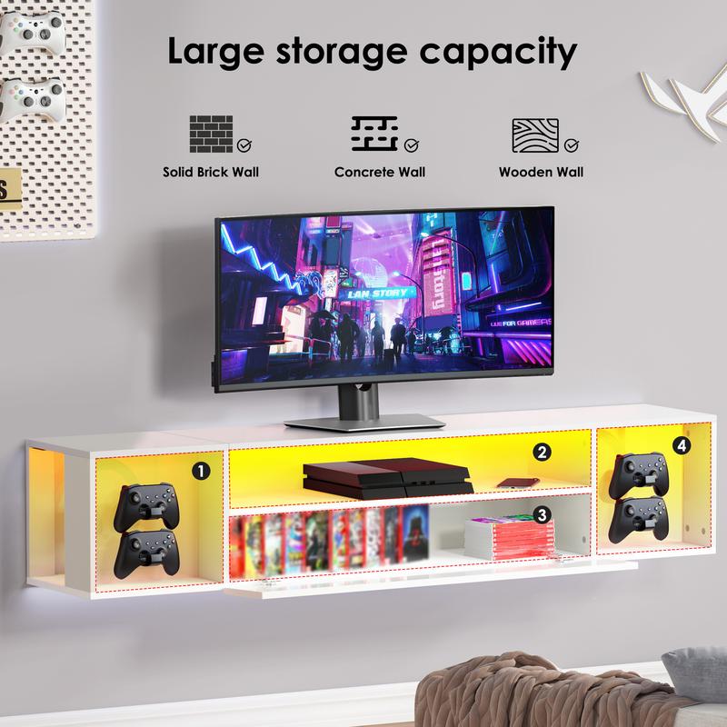 Soges 55" Floating TV Stand with LED Lights, Wall Mounted Entertainment Centre with 2 Headphone & 4 Gaming Handle Hooks, Modern Space Saving Media Console TV Shelf with Storage for Living Room Bedroom