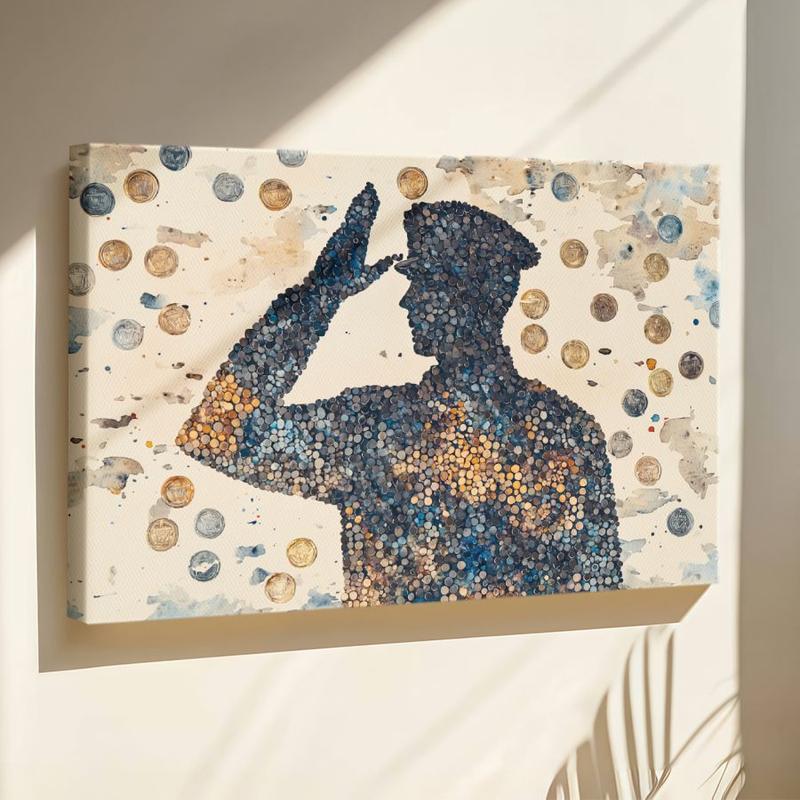 watercolor mosaic composed entirely of tiny painted military medals that form a larger image of a saluting silhouette when viewed from a distance, Wrapped Framed Canvas Wall Art, Vintage Prints Poster - Framed, Horizontal Decor Wood