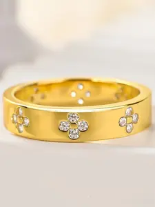 Vintage Luxury Plated 18k Gold Four-Leaf Clover Ring Zirconia, Elegant Asymmetrical Design, Women's Wedding Band, All Seasons Jewelry