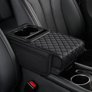 Auto Center Console Armrest Cushion with 2 Cup Holder PU Leather Armrest Pad Portable Car Amrest Pillow Cover Height Pad