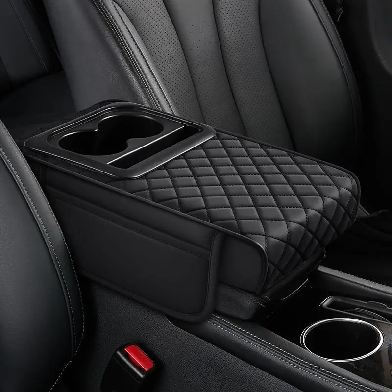 Auto Center Console Armrest Cushion with 2 Cup Holder PU Leather Armrest Pad Portable Car Amrest Pillow Cover Height Pad