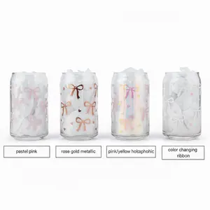 Pink Ribbon Bow Glass Cup 16 oz with Lid and Straw - Handmade with Permanent Vinyl - Drinkware, Tumblers