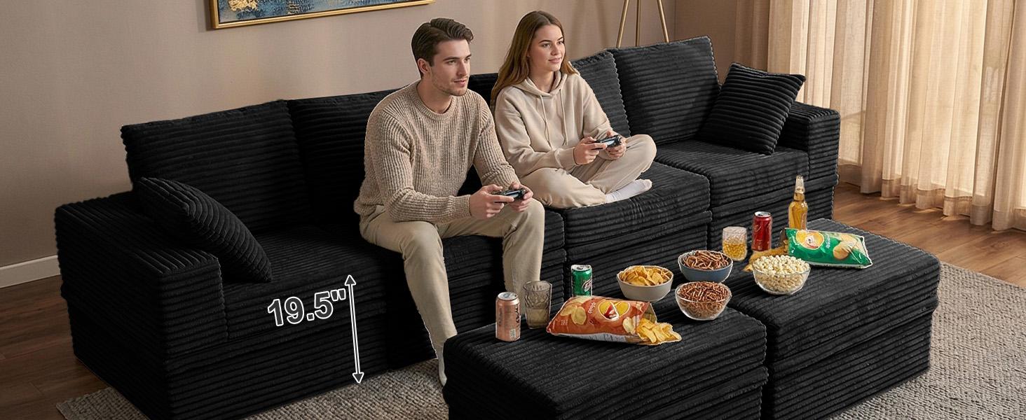 【3 Packages Shipping】NABUMI 142" Modular Sectional Sofa with Storage, Oversized U-Shaped Cloud Couch with Ottoman, 27" Deep Seat Memory Foam Corduroy  6 Seater U Shaped Couch, Free Combination, Tool-Free Assembly, Black BeigeDark Gray Green