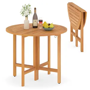 COSTWAY - 36 Inches Outdoor Folding Round Dining Table with Slatted Tabletop