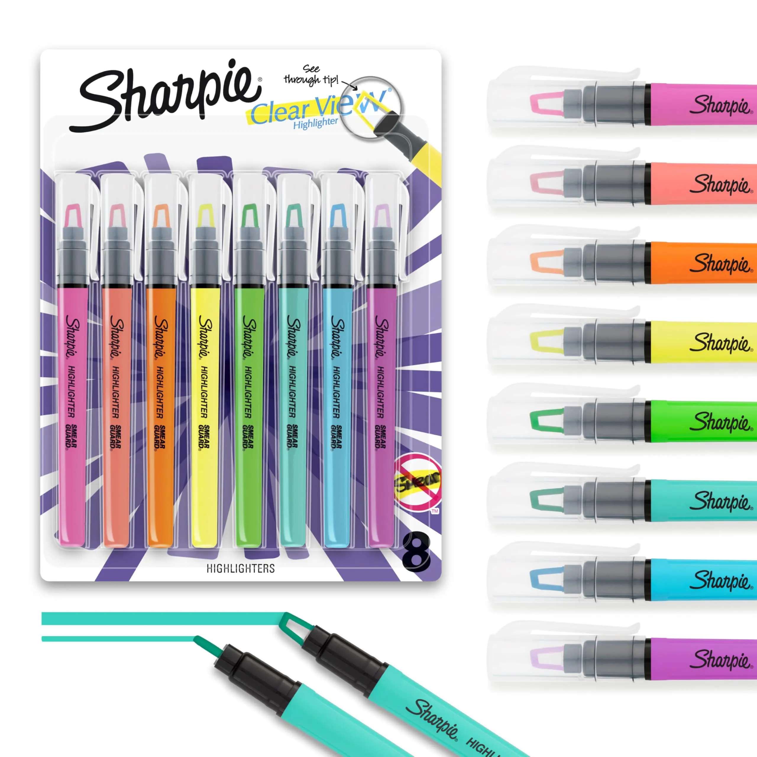 Clear View Chisel Tip Highlighter Sticks 8 Pack, Assorted Color Highlighters, Smear Resistant Quick Dry Ink, See Through Tip Highlighters for School, Teachers, Office, Note Taking, Textbooks and Documents