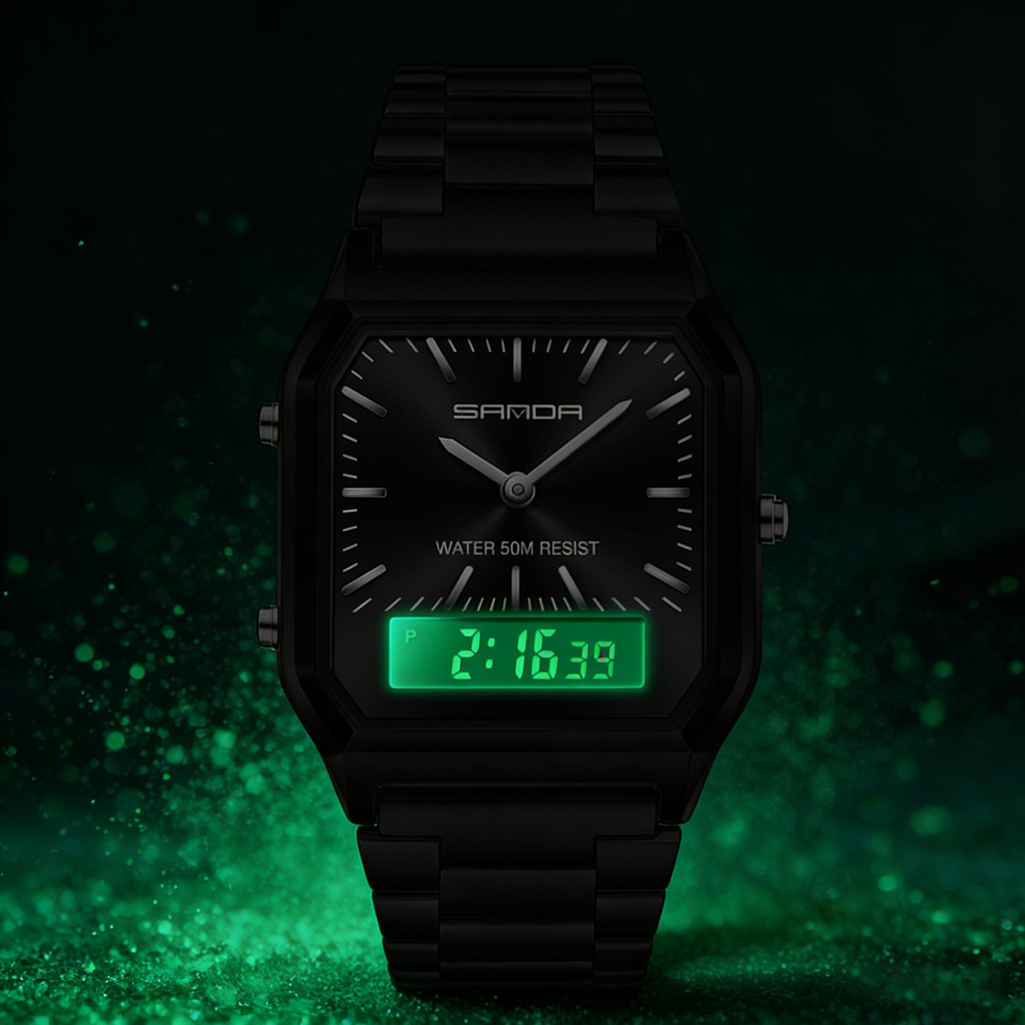 Stainless Steel Digital Sports Watch With Led Dual Display Unisex Water Resistant Quartz Wristwatch