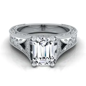 Hand-Engraved Milgrain Vintage Solitaire Emerald Cut Engagement Ring Setting in Platinum
