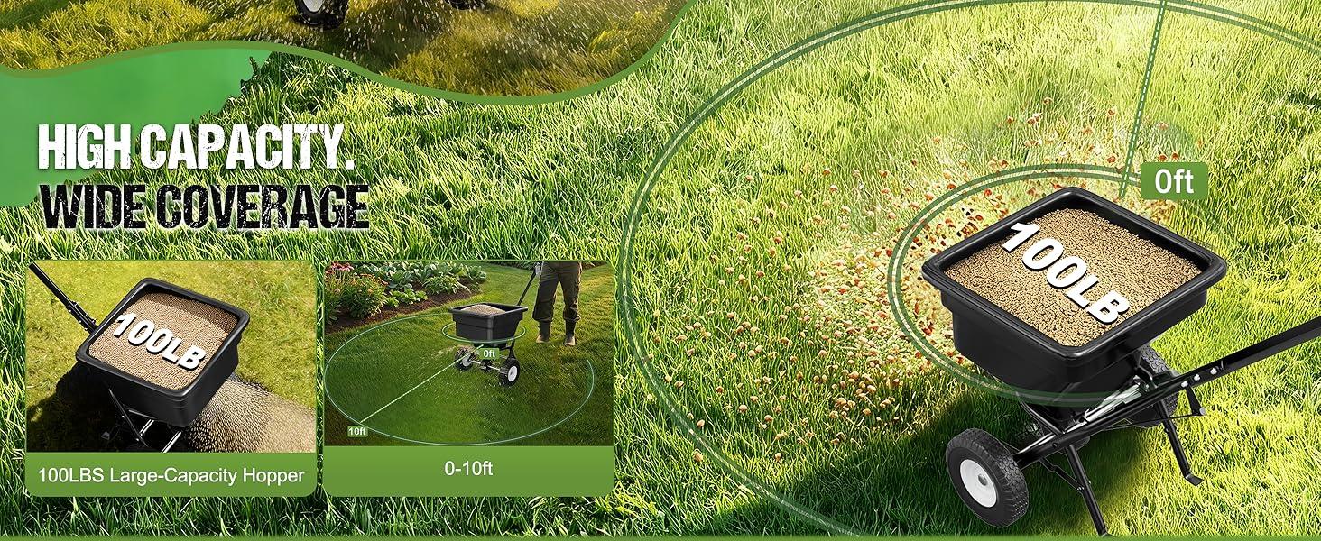 Fertilizer Spreader 100LB Capacity, Walk-Behind Push Broadcast Spreader with Hopper Screen & Rain Cover, 0–10FT Spreading Width, Seed & Salt Spreader, 12" Pneumatic Wheels, 30-Level Flow Control