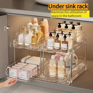 2-Tier Transparent Plastic Pull-Out Bathroom Shelf, Under Sink Organizer with Metal Tubes, Cabinet & Counter Storage, Compact Design for Shampoo, Conditioner & Soap, Bathroom Rack, Bathroom Organizing Accessories