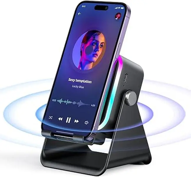 5-in-1 Induction Bluetooth Speakers with Phone Stand, Black Wireless Audio Amplifier for iPhone & Android, RGB Light, USB Wired Charging, Birthday Gift for Teens