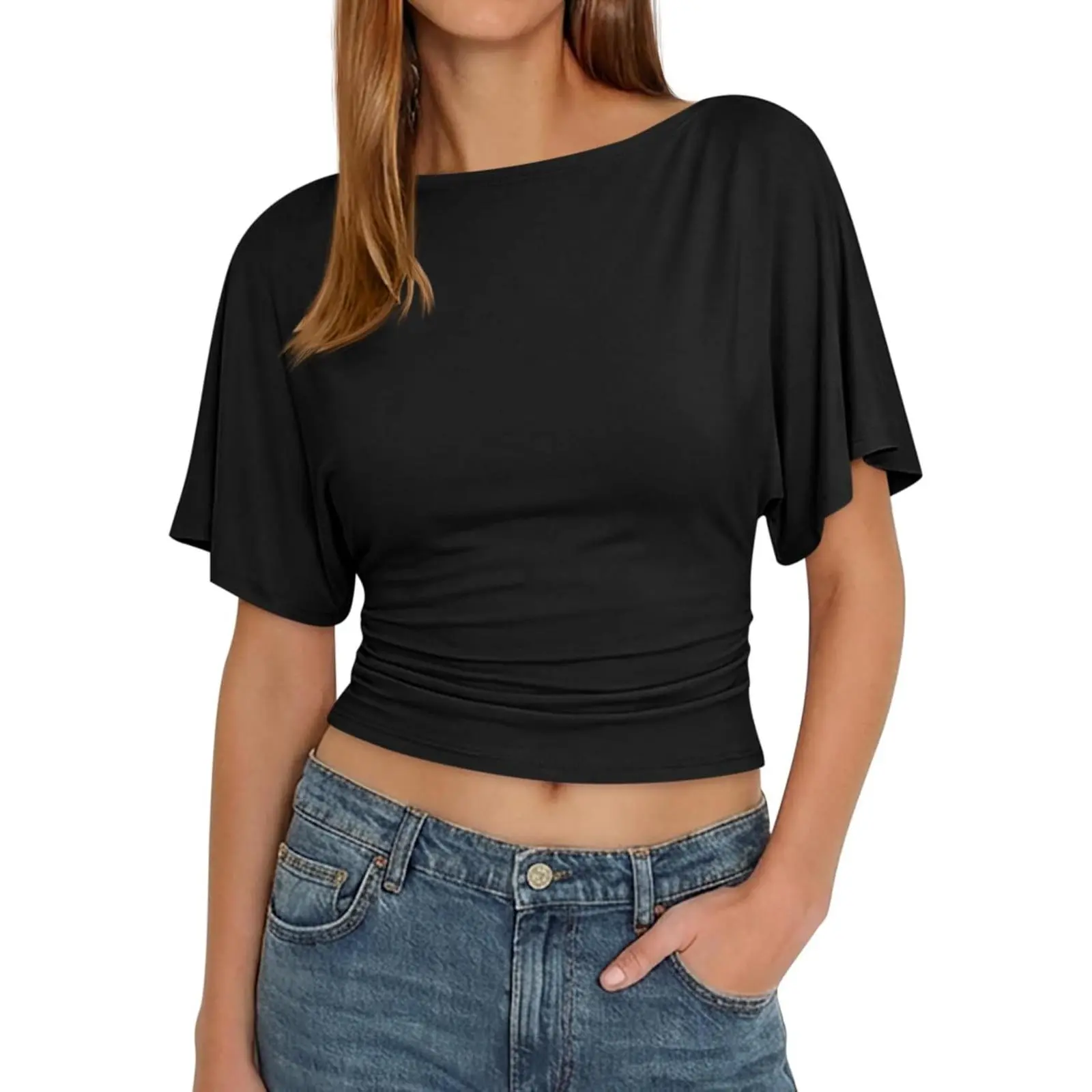 Cicy Bell Womens Summer Wrap Tops Casual Short Sleeve Tie Back Cinched Waist T Shirts Trendy Boat Neck Blouse