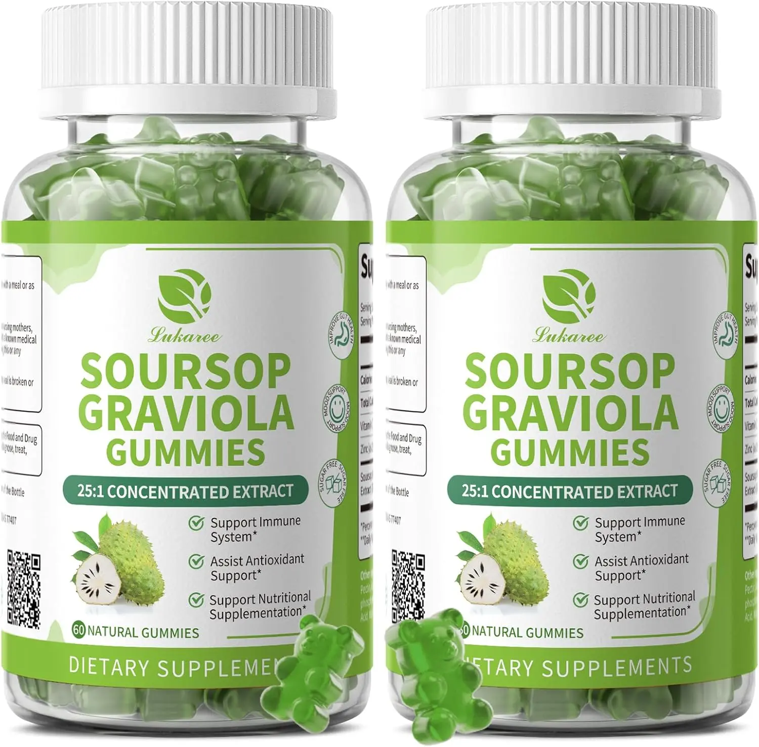 (2 Pack) Soursop Gummies - Soursop Leaves Concentrated Extract for Immune | Herbal Extracts w/Vitamin C, Zinc & Natural Food for Liver, Calming & Antioxidant, Sugar Free, Gluten Free, Vegan, 60 Gummies