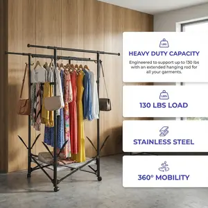 Extendable Rolling Clothes Rack with Wheels and Shoe Shelf Double Rod Garment Rack Foldable 130LB Capacity for Apartment RV Balcony NEW