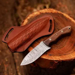 Handmade Damascus Steel Hunting Knife with Leather Sheath, 9'' Full Tang Hunting Skinning Knife,Fixed Blade Non-Slip Wooden Handle,Camping Blade