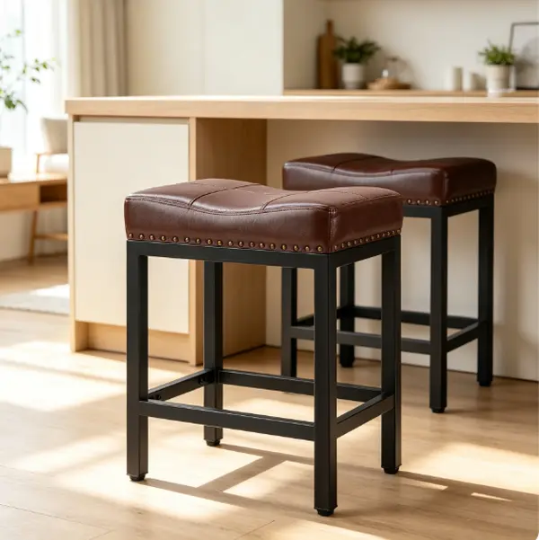 Set of 2 Saddle Bar Stools with Sturdy Steel Frame, 24" Counter Height PU Leather Upholstered Barstools with Footrest & Metal Base for Kitchen Island, Bar, Living Room