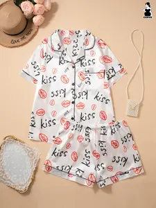 Plus Size Women's 2-Piece Pajama Set with Short Sleeve Collared Top and Shorts, Valentine's Day Kiss and Lips Print, Soft Polyester Satin Feel for Home Wear