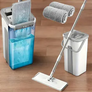 Spin Mop and Bucket Set with Wringing Device, Includes 3 Reusable Microfiber Mop Cloths, 360-Degree Rotation° Flexible Rotation, Hands-Free Flat Mop with Long Handle and Bucket, Suitable for Floor and Wall Cleaning