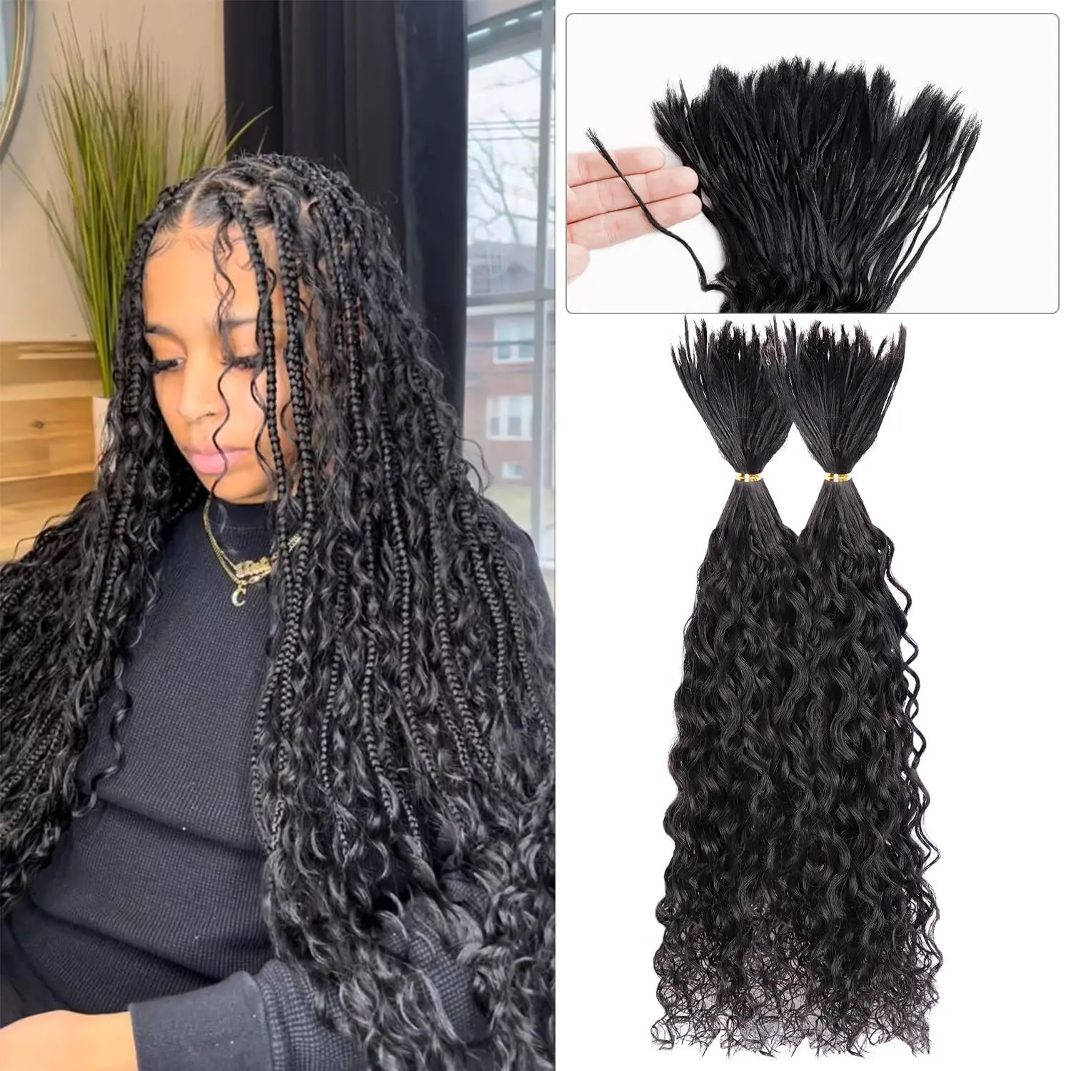 Pre-Divided Human Braiding Hair for Boho Braids Water Deep Wave Human Hair Bulk for Braiding Curly Human Hair for Boho Locs Boho Crochet Braids Human Hair Extensions (1B 16"-320Strands)
