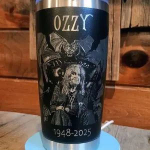Ozzy Tribute Tumbler 20oz Laser Engraved Black Portable Reusable Washable Water Bottle with Lid RIP Prince of Darkness 1948-2025 - Reuse Drinkware Mug Cup Bottled