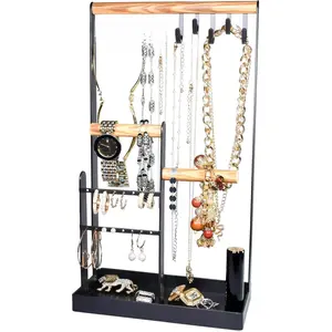 Jewelry Organizer Jewelry Stand 14" Height Extra Tall Jewelry Holder Organizer, 4-Tier Necklace Organizer with Ring Tray, Small Cute Aesthetic Tower Storage Rack Tree for Bracelets Earrings Rings