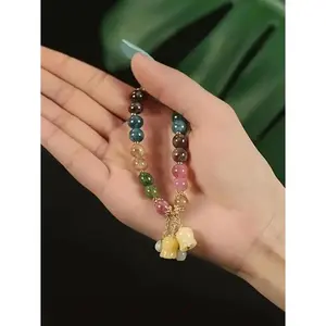 Rainbow Tourmaline Round Bead Bracelet Colorful Flower Charms Bohemian Unisex Jewelry Symbolizing Wealth Fortune Fashion Accessory