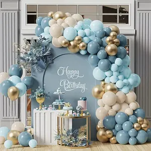 122pcs Dusty Blue Balloons Arch Garland Kit, Macaron Blue Golden Latex Balloons, Ivory White Metallic Golden Baby Blue Balloons for Boy Gender Reveal, Baby Shower Decorations, Birthday Party Decoration