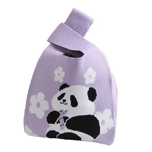 Cute Panda Pattern Handbag, Durable and Fashionable Knit Bag, Suitable for Women, Beach Bag, Makeup Bag, Crochet Bag