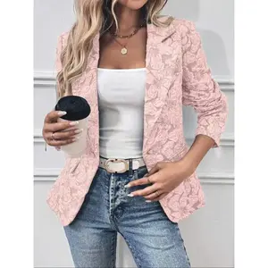 Elegant women’s textured woven blazer jacket, long sleeves, single-breasted collar, casual slim fit, spring and autumn outerwear