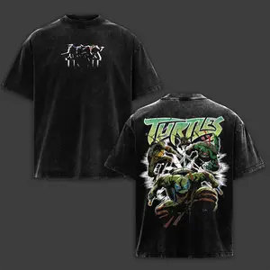TMNT Washed T-Shirt, Vengeful Mutant Turtle Warrior Washed Tee, Lone Vigilante Double Printed Heavyweight Graphic Shirt, Gift For Retro Comic Fan Crewneck Casual Cotton Fabric Menswear