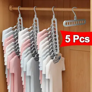 5pcs Foldable Plastic Hangers with 9 Hooks, Non-Slip Space-Saving Closet Organizer, Durable Textured Surface, Multi-Functional Storage Rack