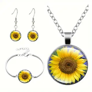 Sunflower artificial Crystal Pendant Necklace Set Fashion Bracelet Earring Jewelry Set Three-piece Set