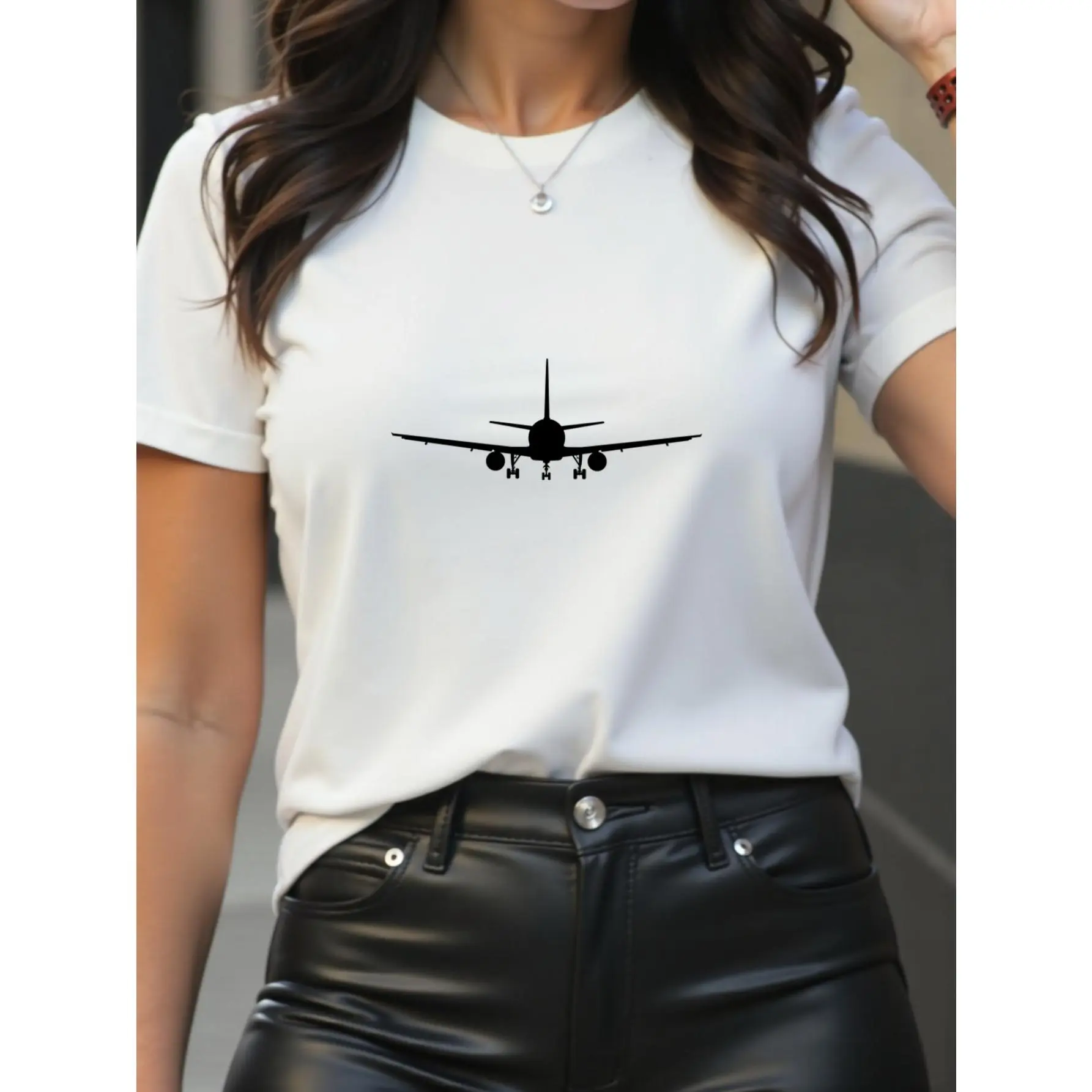 Airplane Print T-Shirt - Aviation-Themed White Airplane & Airplane Tail Design, Soft Breathable Quick-Dry Short Sleeve Round Neck Casual Tee for Flight Attendant,, Aviation Enthusiast - All-Season Fit
