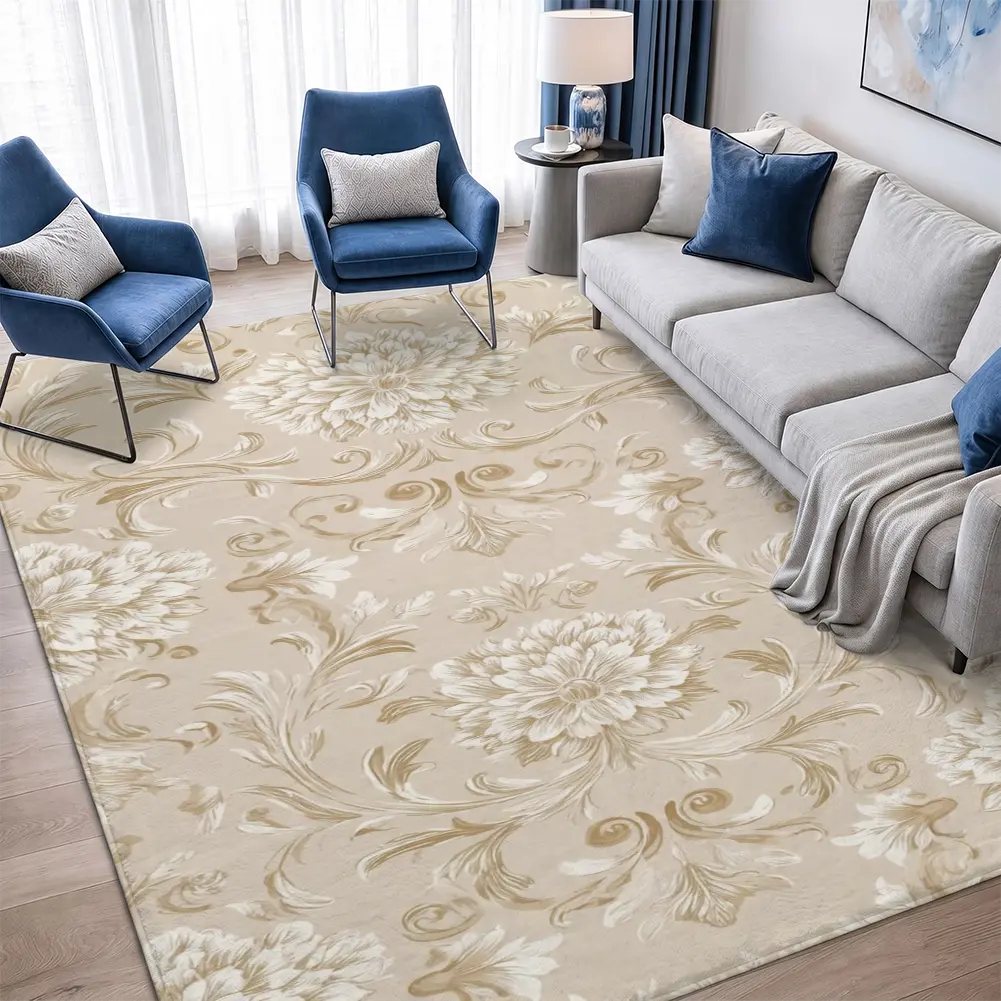 Elegant Baroque Floral Velvet Area Rug, Soft Hued Bedroom Rug, Minimalist Home Decor