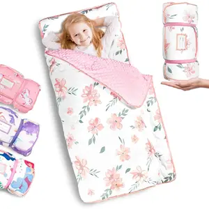 Thickened Toddler Nap Mat with Removable Pillow and Minky Blanket, Extra Large 55''x35'' Sleeping Bag, Washable, Roll up, Perfect for Daycare, Preschool, Kindergarten, Boys and Girls Flowers