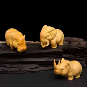 Handcrafted Taihang Yuh Bai Wood Animal Figurines Set, Rhinoceros Elephant Hippo African Treasures, Home Decor Tabletop Ornaments