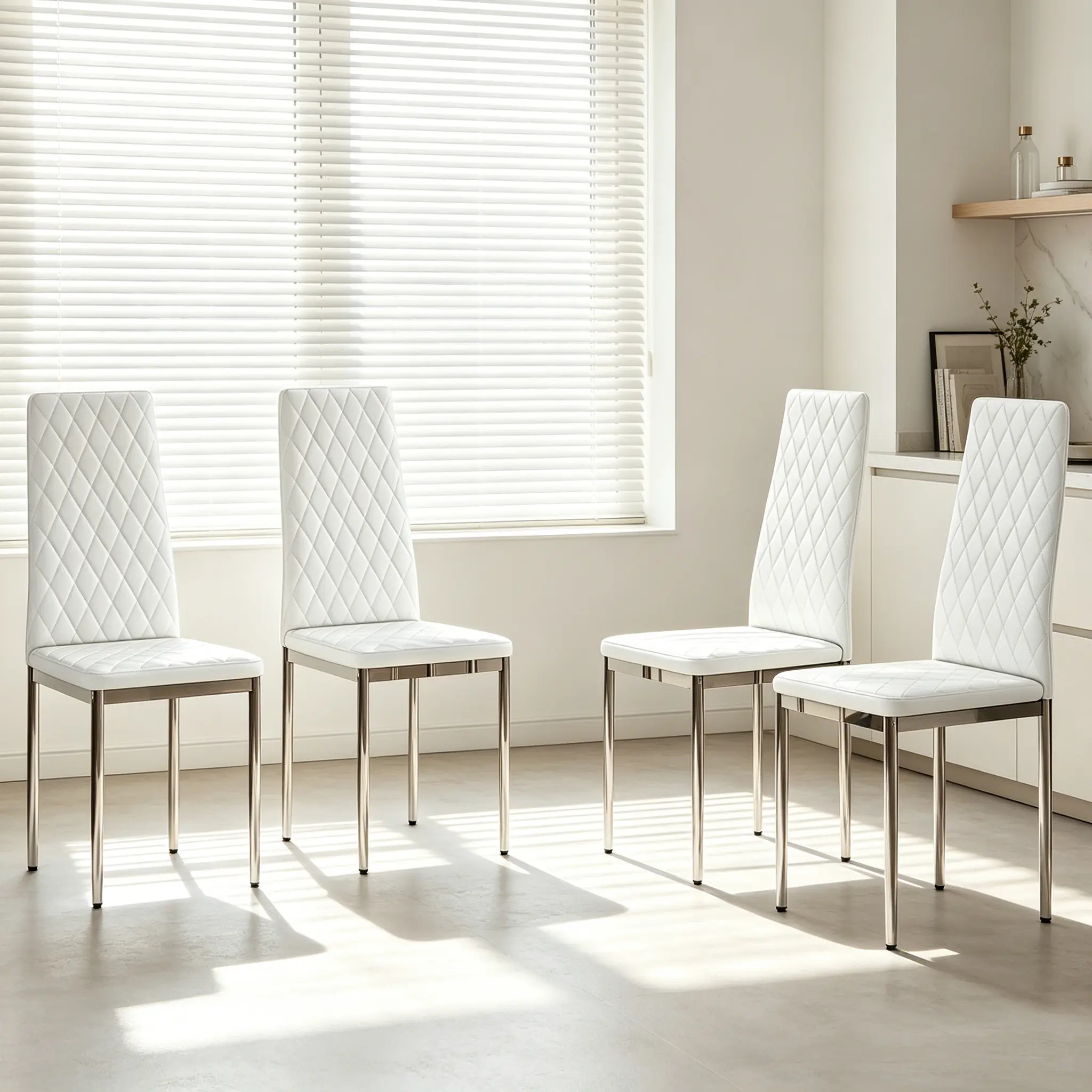 White PU Dining Chairs Set of 4, Diamond Quilted High Back with Silver Chrome Legs, Modern Minimalist Kitchen/Dining Room Chairs, Easy Clean & Durable Comfort