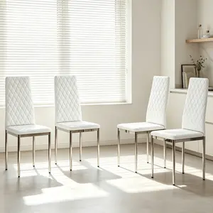 White PU Dining Chairs Set of 4, Diamond Quilted High Back with Silver Chrome Legs, Modern Minimalist Kitchen/Dining Room Chairs, Easy Clean & Durable Comfort
