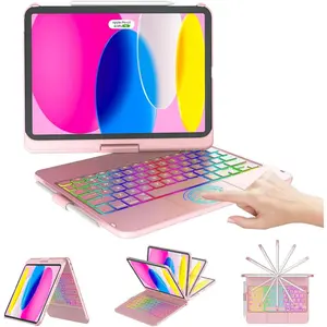 7 Color Backlit 360° Swivel Multi-Touch Track Case with Keyboard and Pencil Holder For iPad 11-inch(A16)11th Generation, iPad 10.9-inch(A16)10th Generation 2022, iPad 11-inch(A16)2025 (Rose Gold)