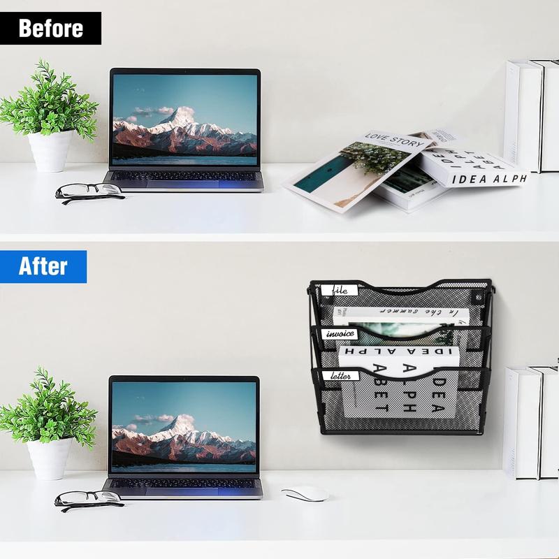 Wall File Organizer 3/5 Pockets, Mail Organizer, Hanging Folder Holder, Foldable | Hanging or Wall Mounted | Label Panel | 2 Hooks | Office Home School Organizer, Black