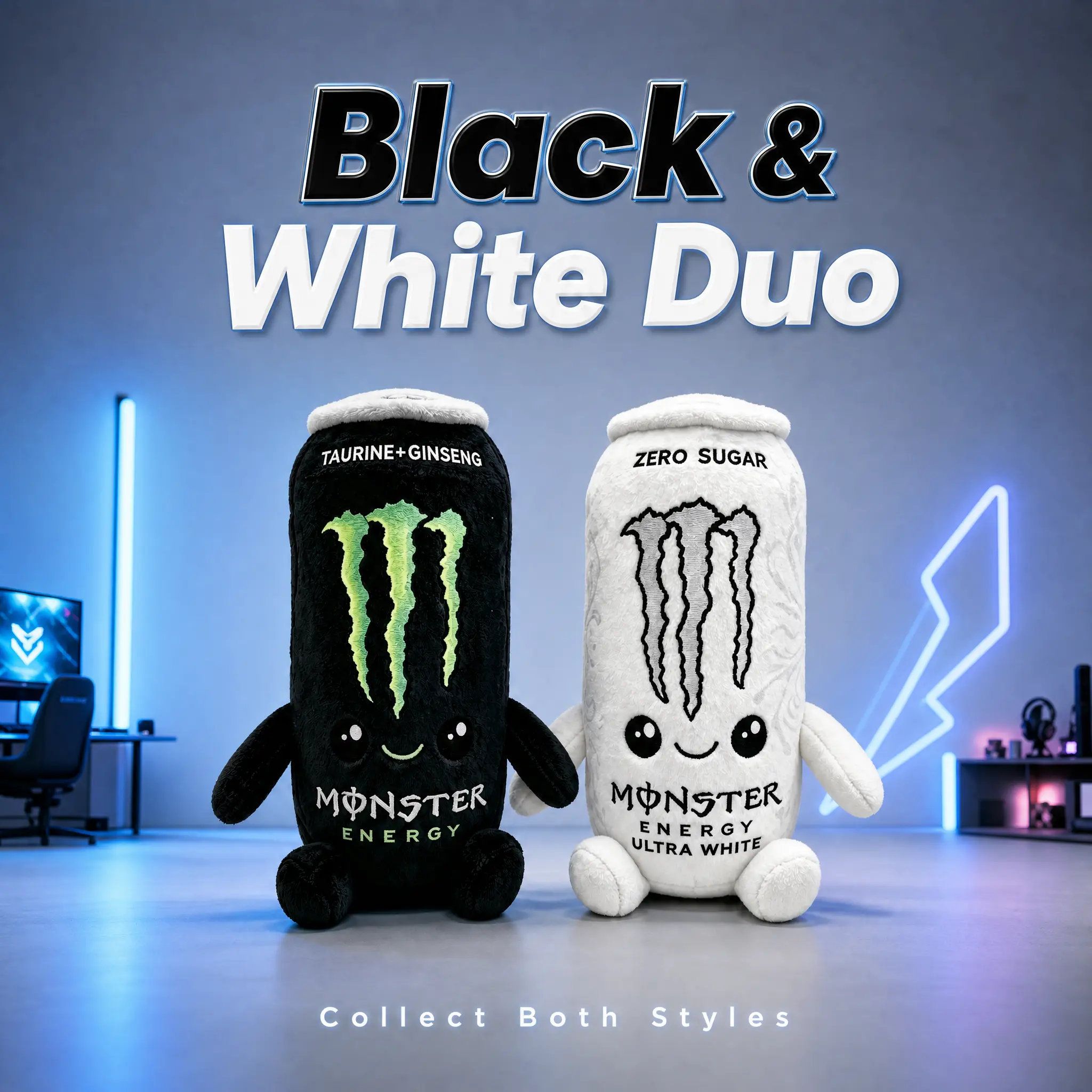 Monster Energy Drink Can Plush Toy, 6 in & 8.7 in Soft Plushies for Gamer Desk Decor, Room Display, Collectible & Gift for Fans